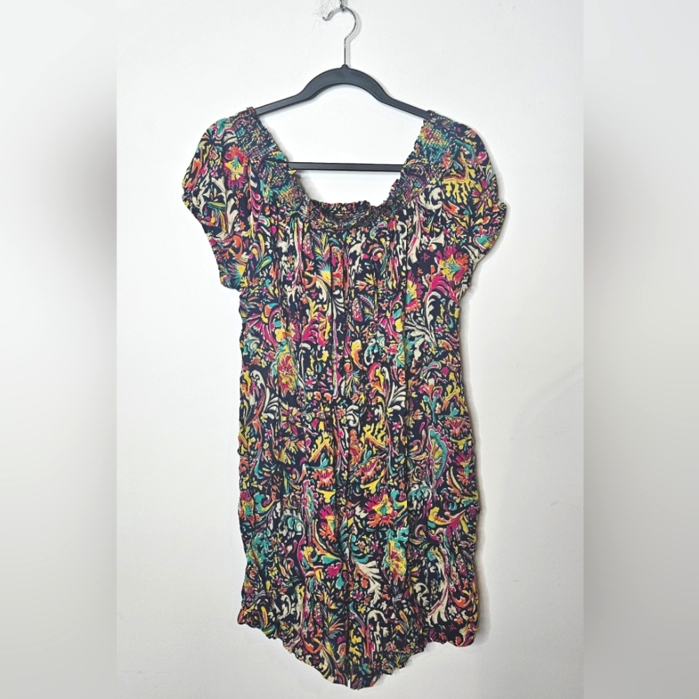 Anthropologie Off The Shoulder Romper Jumpsuit Colorful‎ Stretchy Womens Large